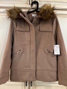 Wool Blend Camel Color Jacket with Removable Fur Lined Hood